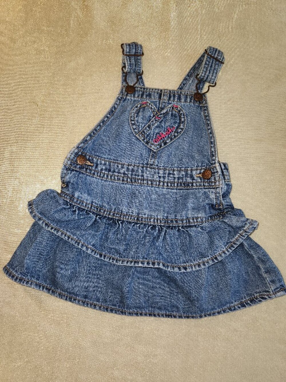 OshKosh B'gosh Girls Denim Jumper Dress Ruffle Tiered Heart 18 Months